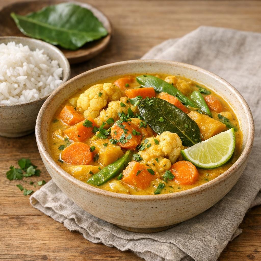 Curry de légumes au combava feuille entière et lait de coco avec Combava feuille entière