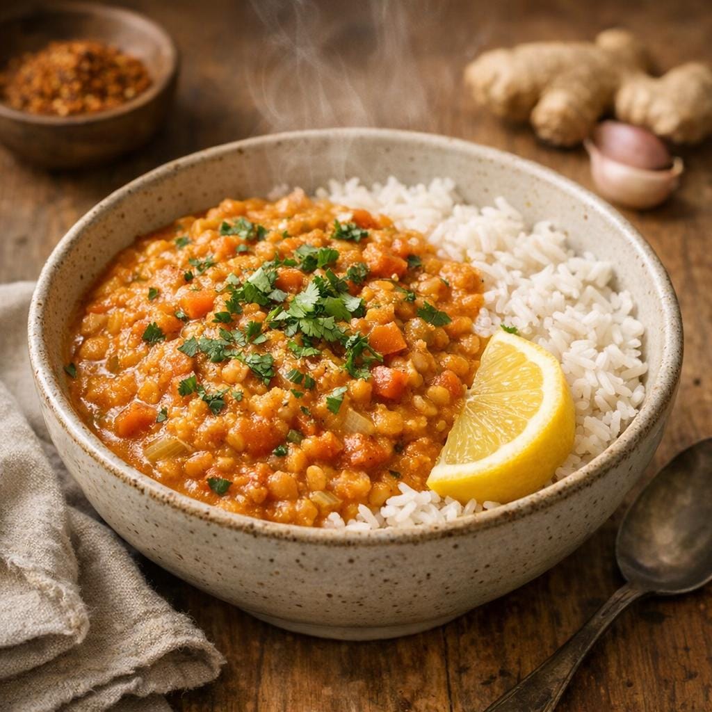 Dahl royal aux lentilles corail et lait de coco avec Assemblage Dahl royal