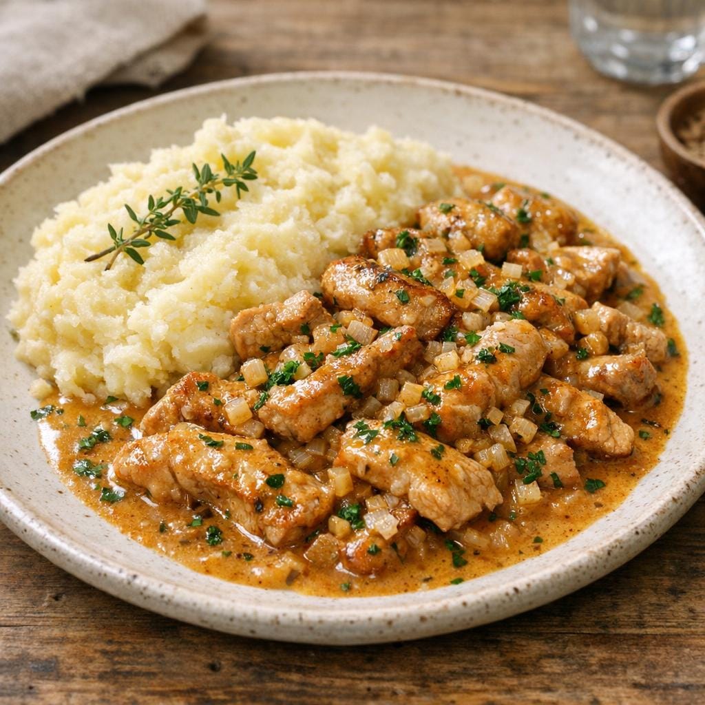 Émincés de porc poêlés, sauce à l'oignon fermenté avec Oignon fermenté