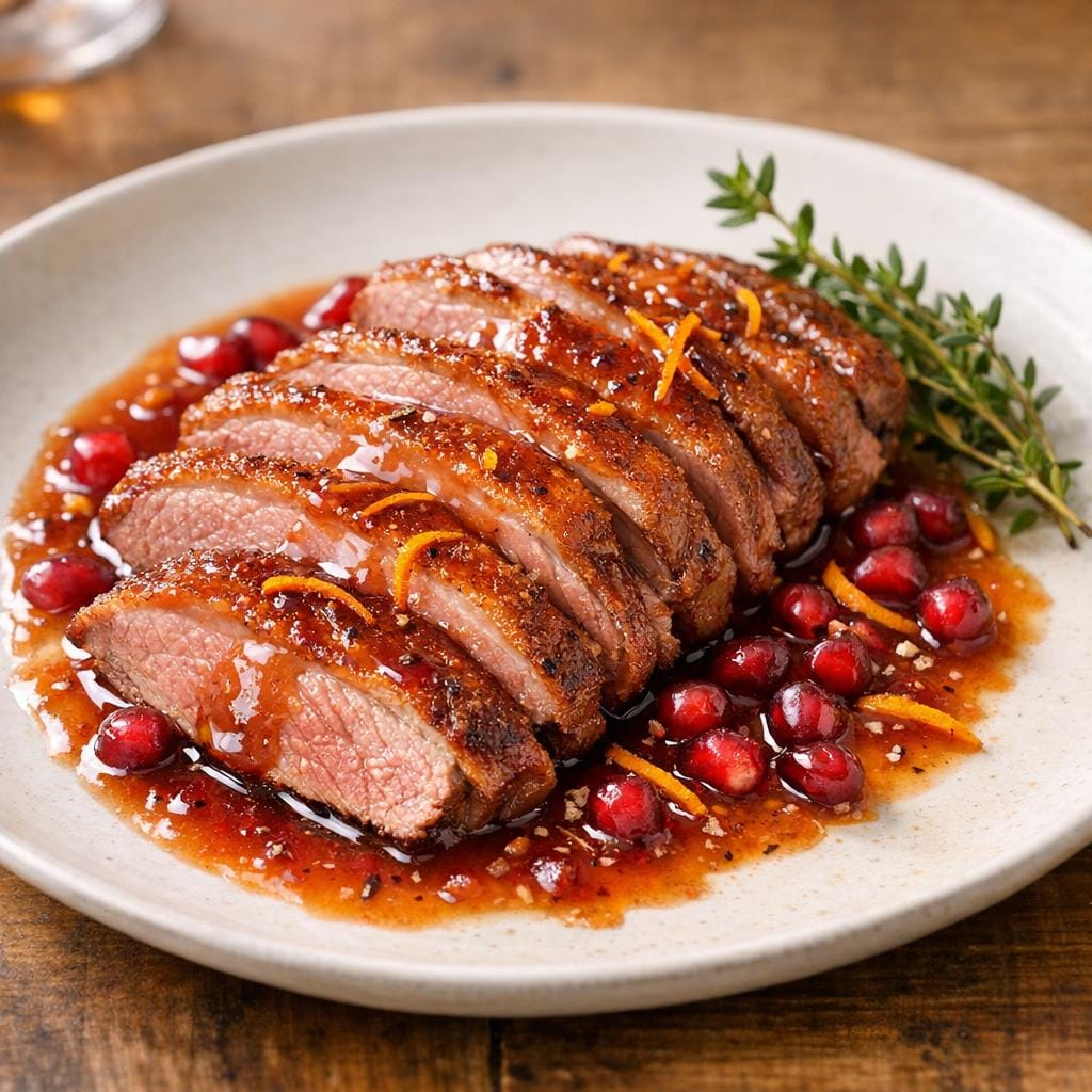 Filet de canard rôti, réduction thé orange sanguine avec Thé vert exotique aux saveurs d'orange sanguine