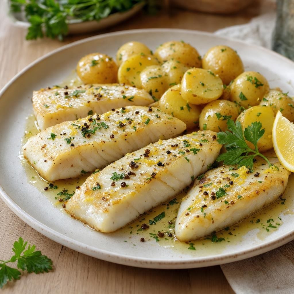 Filet de poisson aux Baies verveine, beurre citronné et pommes de terre vapeur avec Baies verveine ou Baies Mang Tang