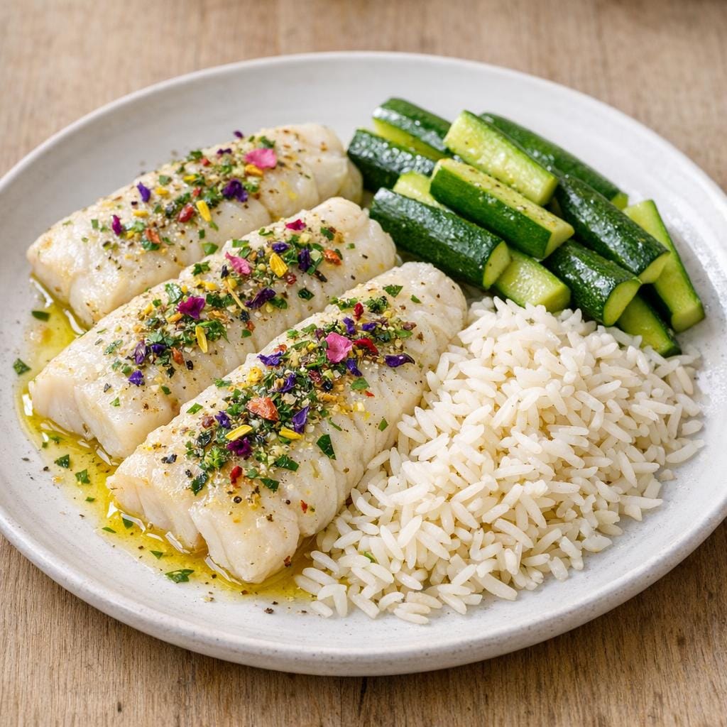 Filet de poisson aux herbes et Éclats du Jardin avec Éclats du Jardin