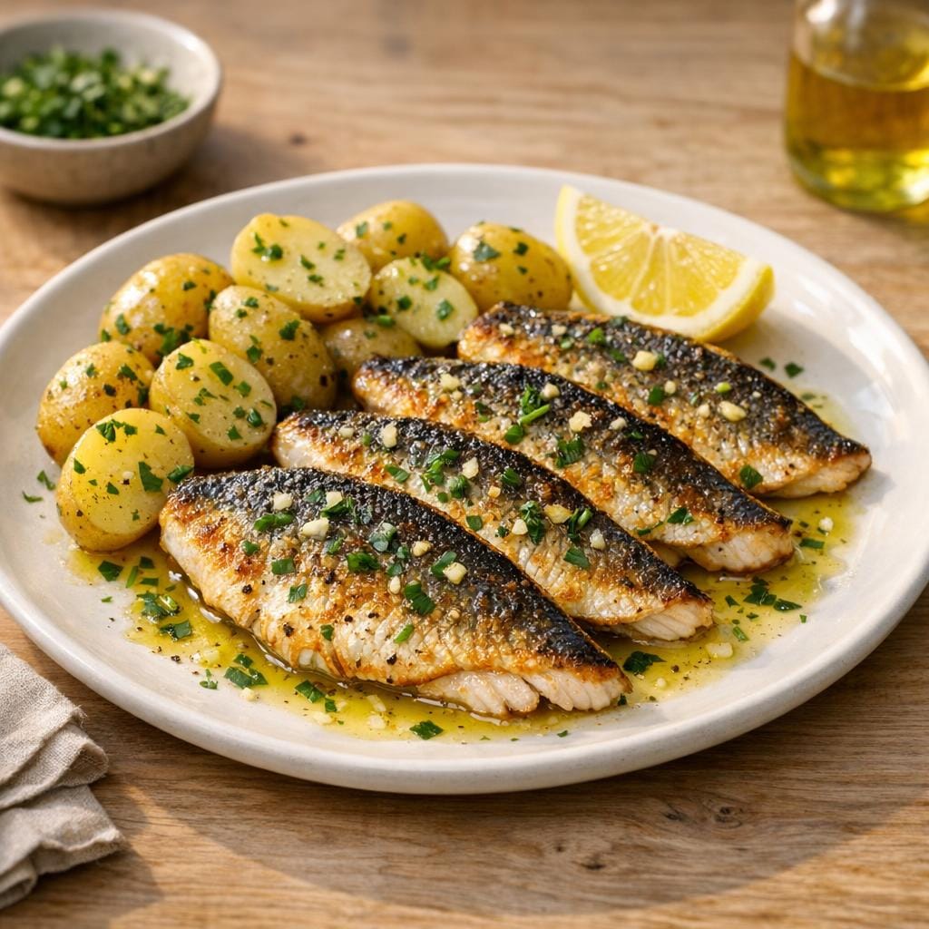 Filets de dorade grillés, pommes de terre vapeur et huile d'olive au citron avec Huile d'olive au Citron 25cl