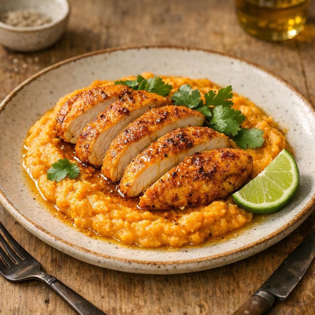 Filets de poulet au curry, purée de patate douce avec Enrobage Curry
