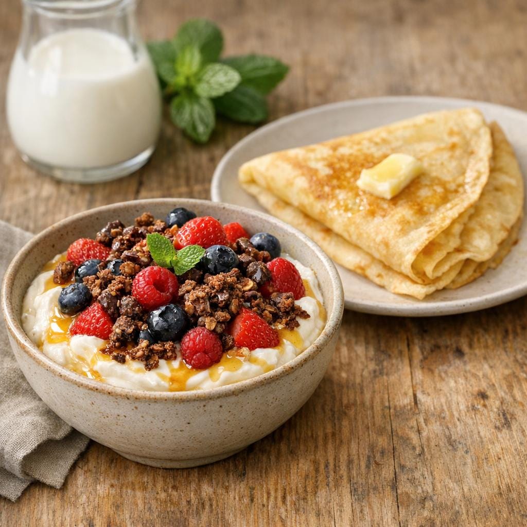 Granola chocolat sur fromage blanc et crêpe maison avec Granola chocolat