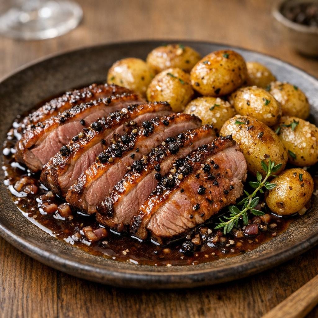 Magret de canard au poivre de Kampot, pommes grenailles avec Poivre noir de Kampot frais et fermenté
