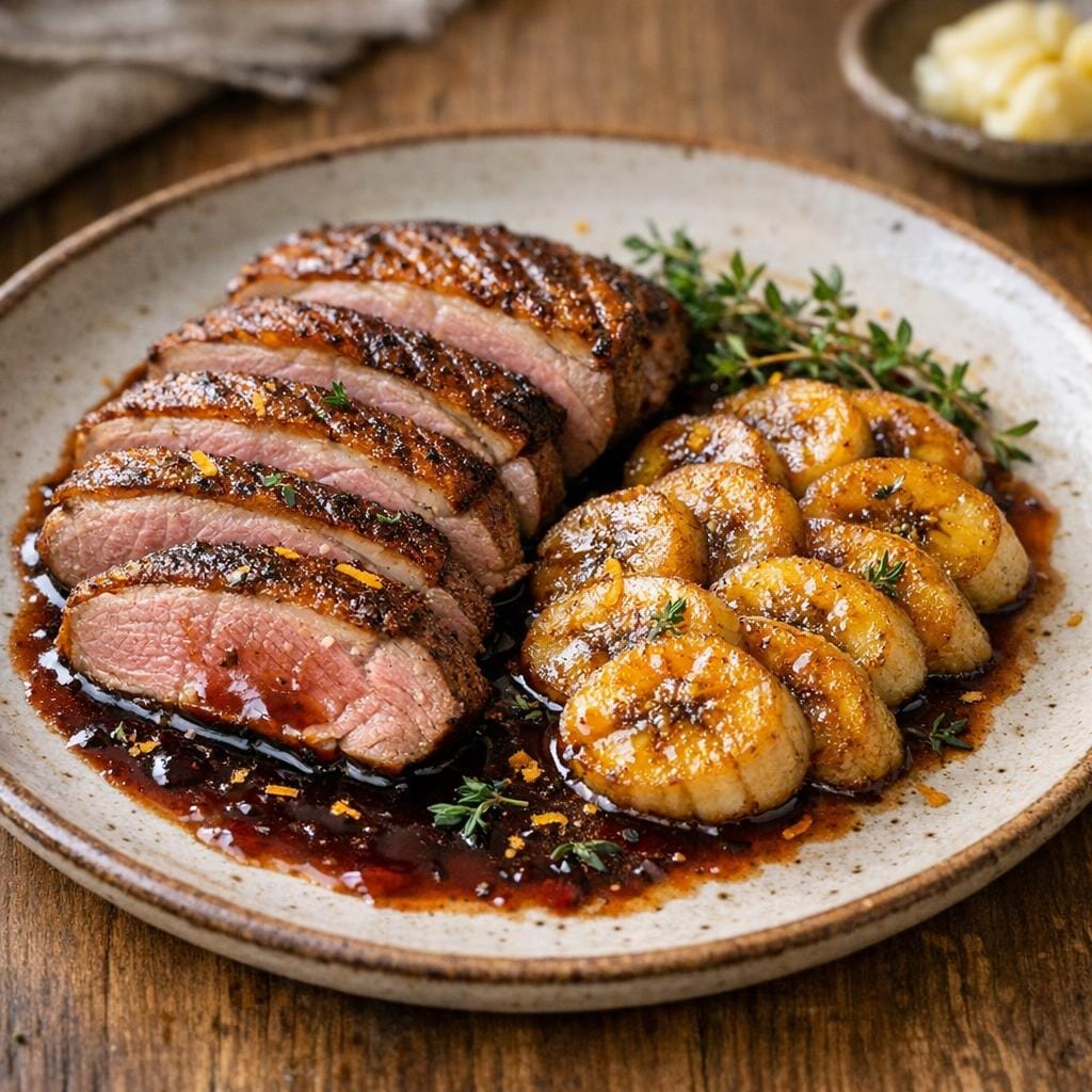 Magret de canard et banane Gros Michel caramélisée avec Banane Gros Michel du Cameroun