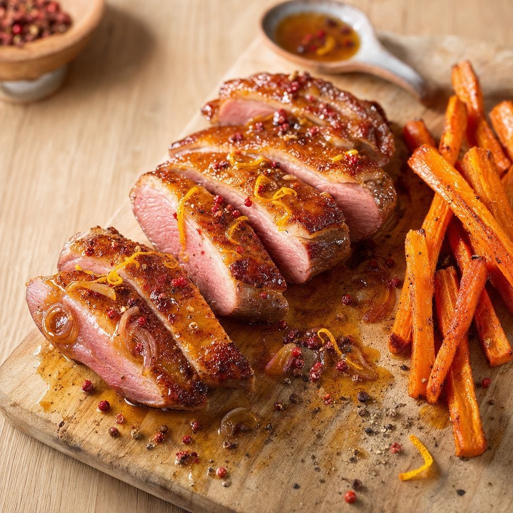 Magret de canard laqué au miel, orange et Baies de Sichuan rouge avec Baies de Sichuan rouge