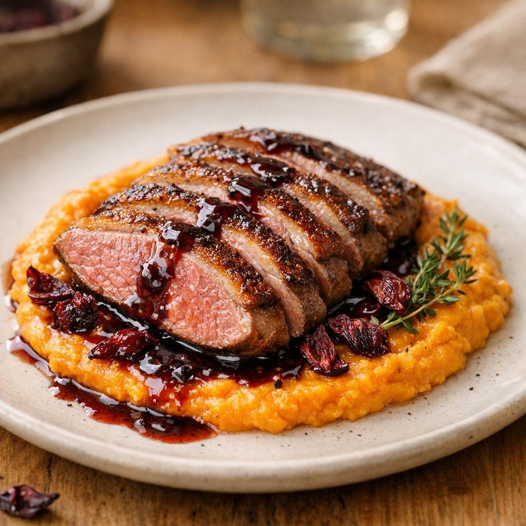 Magret de canard nappé réduction hibiscus balsamique avec Fleur d'Hibiscus séchée entière