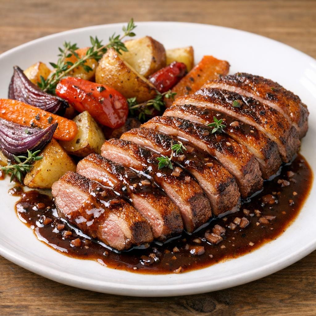 Magret de canard, sauce douce à la caroube, légumes rôtis avec Poudre de Caroube