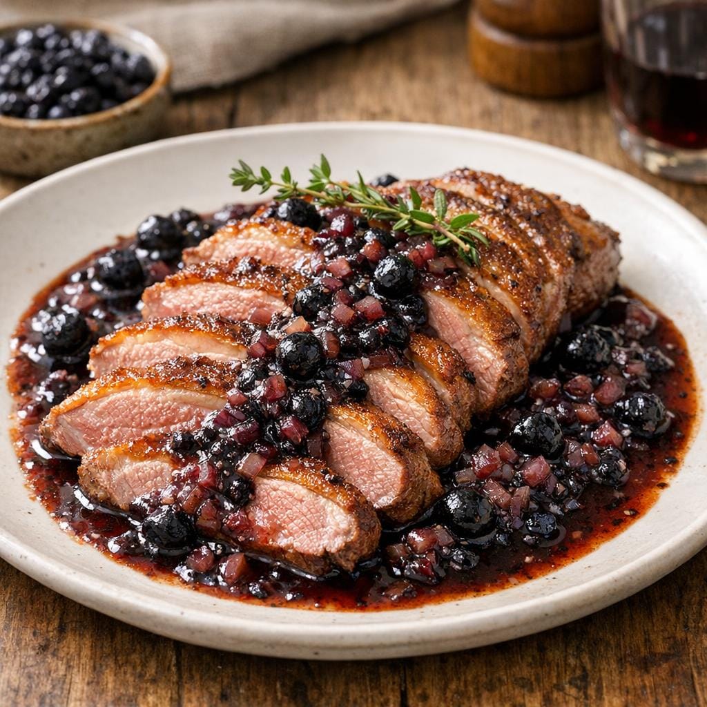 Magret de canard, sauce myrtille et échalote avec Myrtille entière séchée