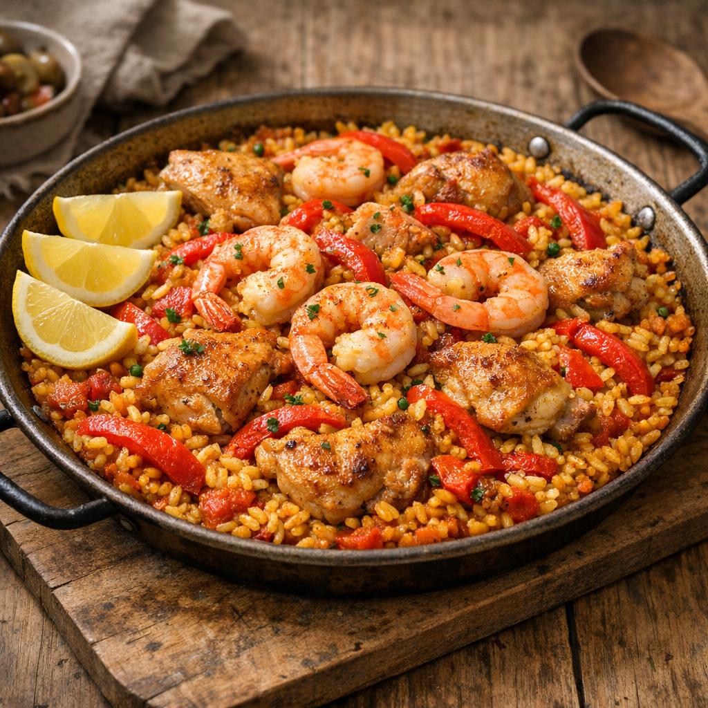 Paella au poulet et crevettes