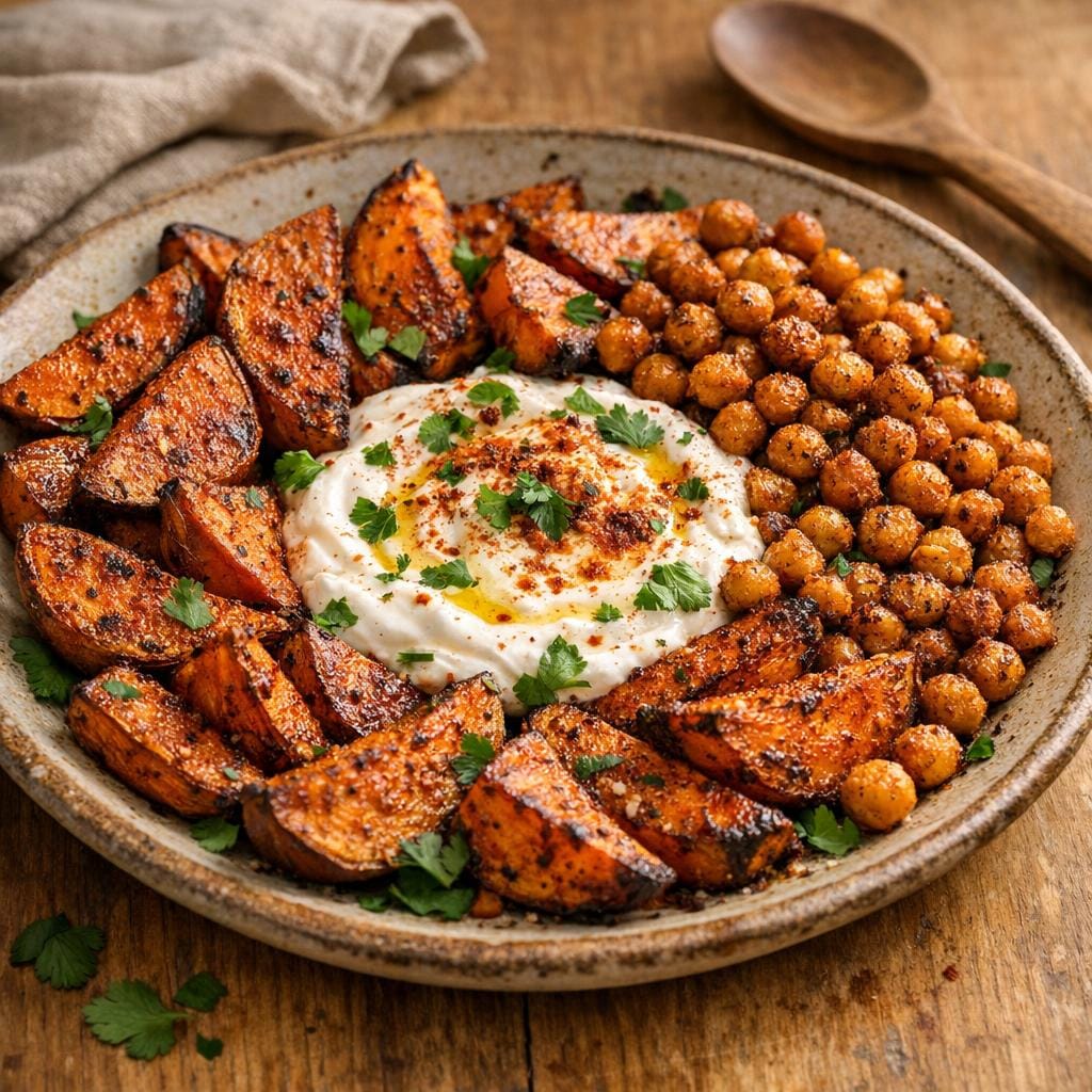 Patates douces rôties au Brasier et pois chiches croustillants avec Le Brasier