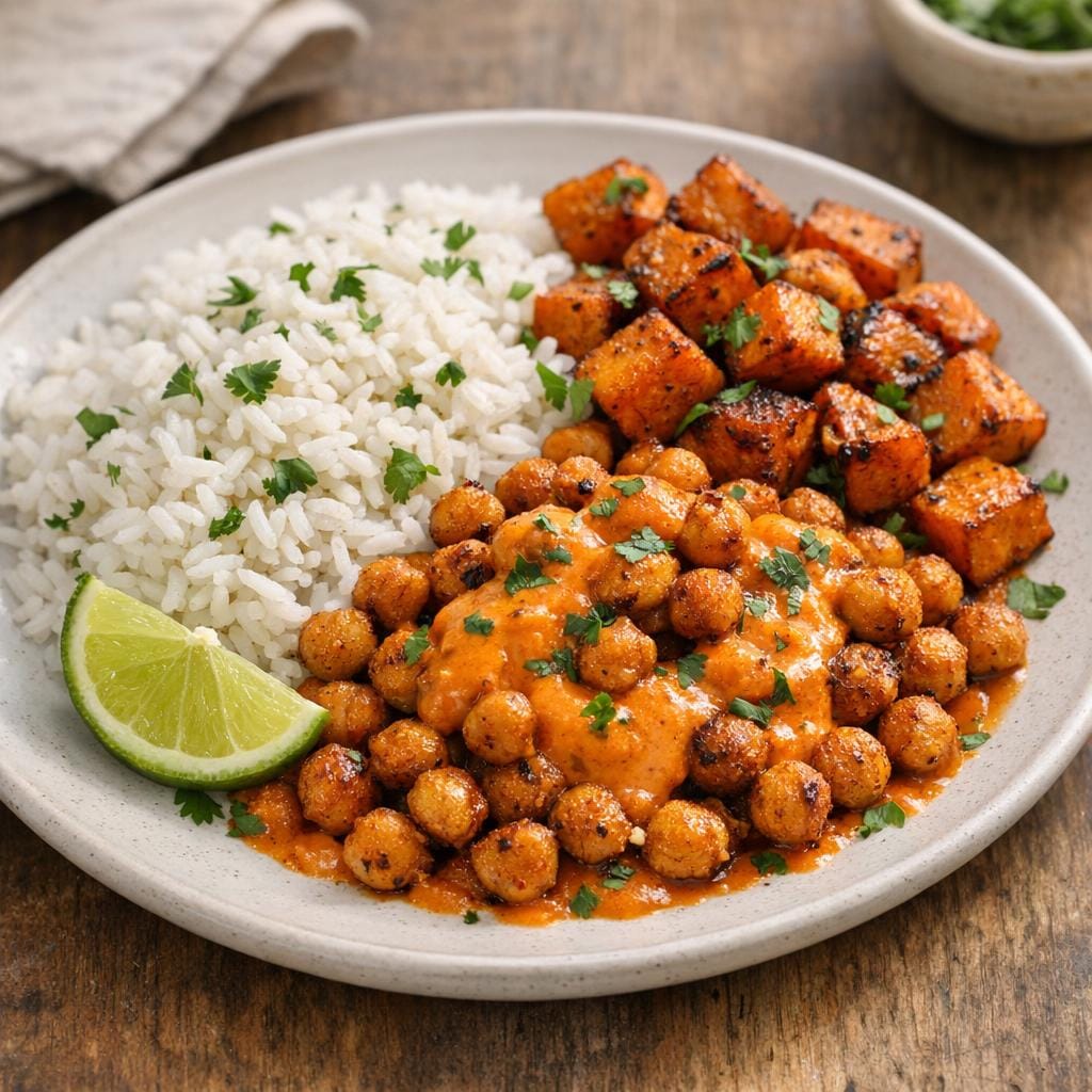 Patates douces rôties, pois chiches & sauce Habanero avec Haban's - Sauce flambée - Pot de 90G