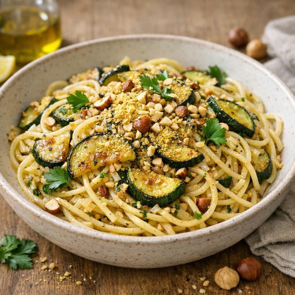 Pâtes à la levure maltée et courgettes poêlées avec Levure maltée en pailette