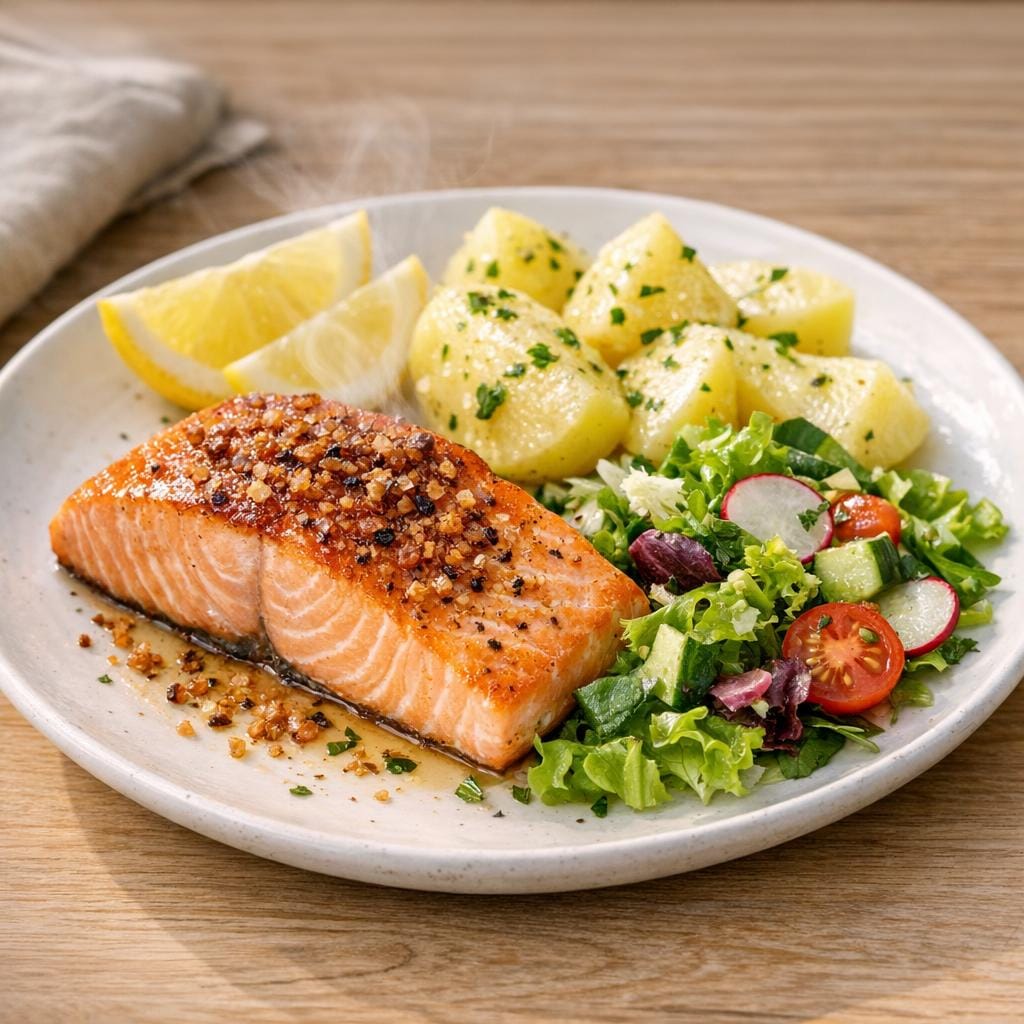 Pavé de saumon au Sel fumé des Vikings, pommes vapeur et salade croquante avec Sel fumé des Vikings