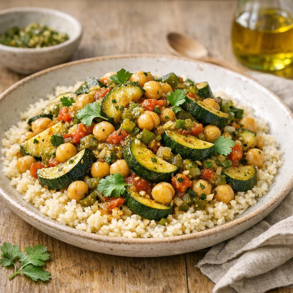 Poêlée courgettes, pois chiches & poivron vert concassé avec Poivron vert concassé