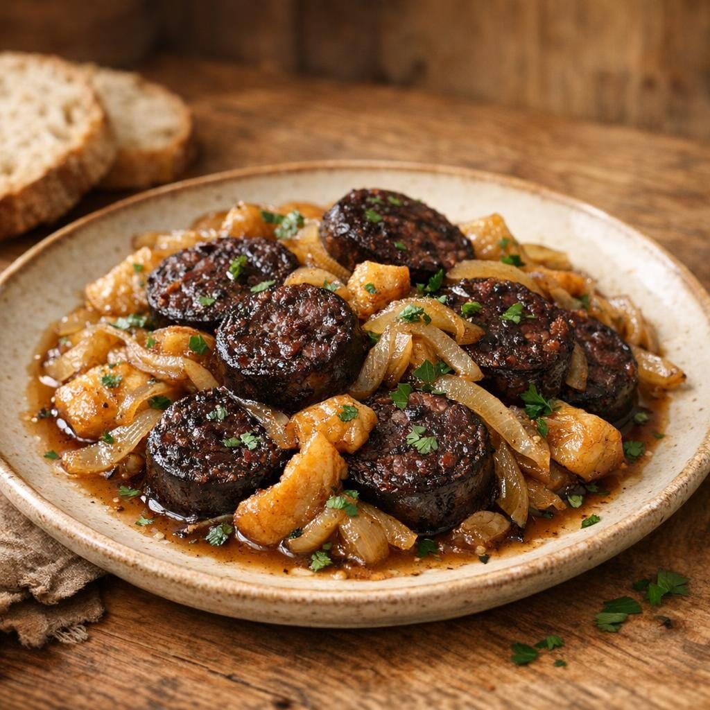 Poêlée de boudin noir aux pommes déshydratées avec Pommes déshydratées