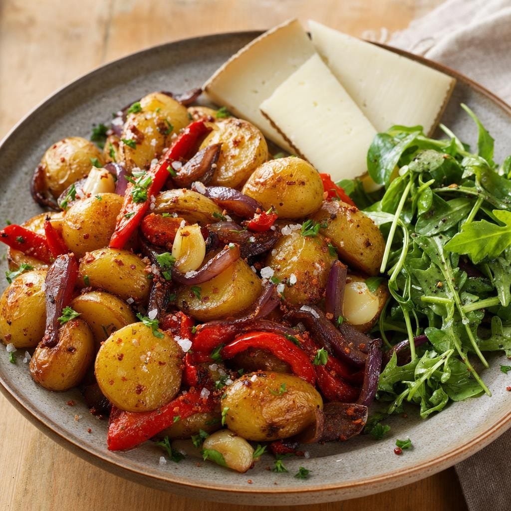 Poêlée de pommes de terre grenailles, poivrons et oignons rouges à la Fleur de sel Basque, fromage de brebis et salade croquante avec Fleur de sel Basque