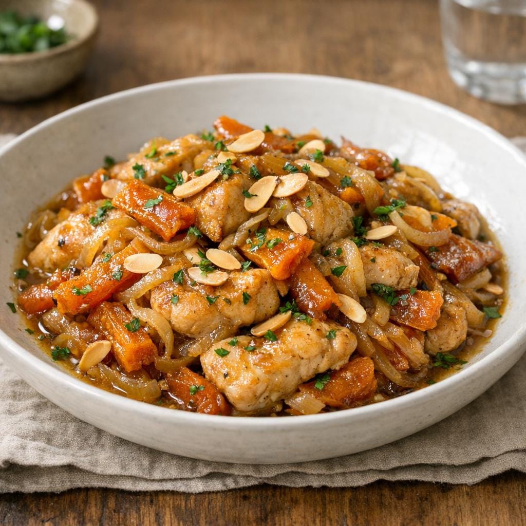 Poêlée de volaille aux kakis séchés, oignons et amandes avec Kakis séchés