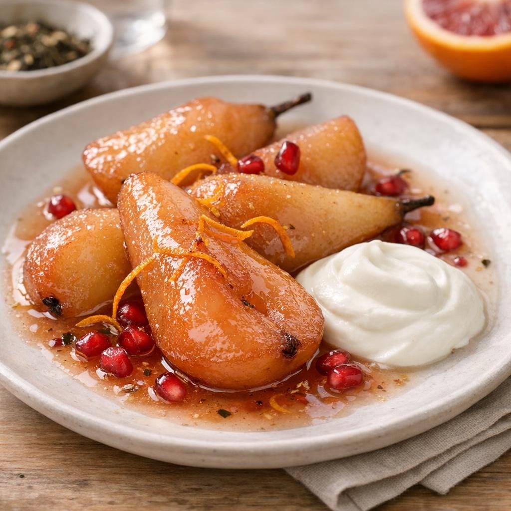 Poires pochées au thé vert orange sanguine glacées avec Thé vert exotique aux saveurs d'orange sanguine