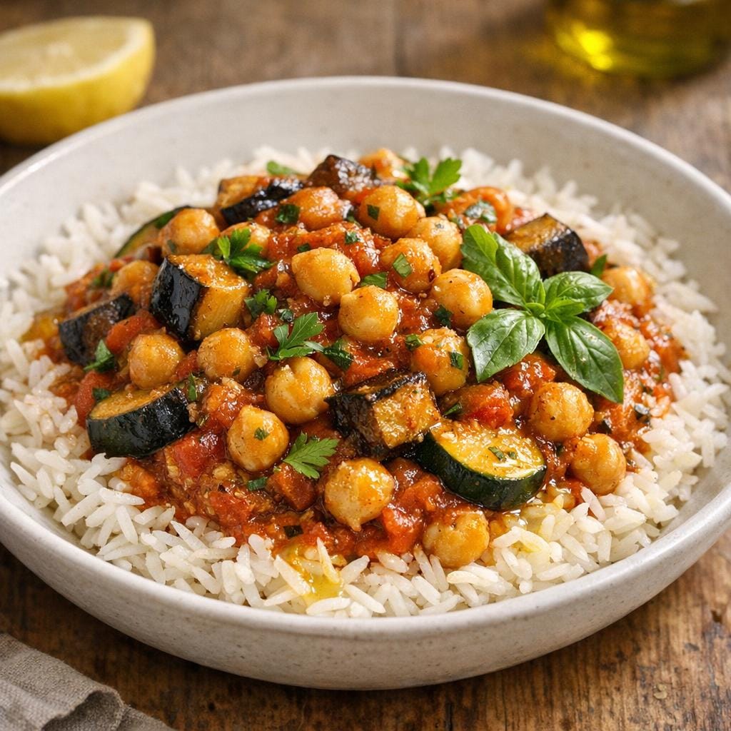 Pois chiches aux légumes et Nokoss fumé, riz parfumé avec Nokoss fumé