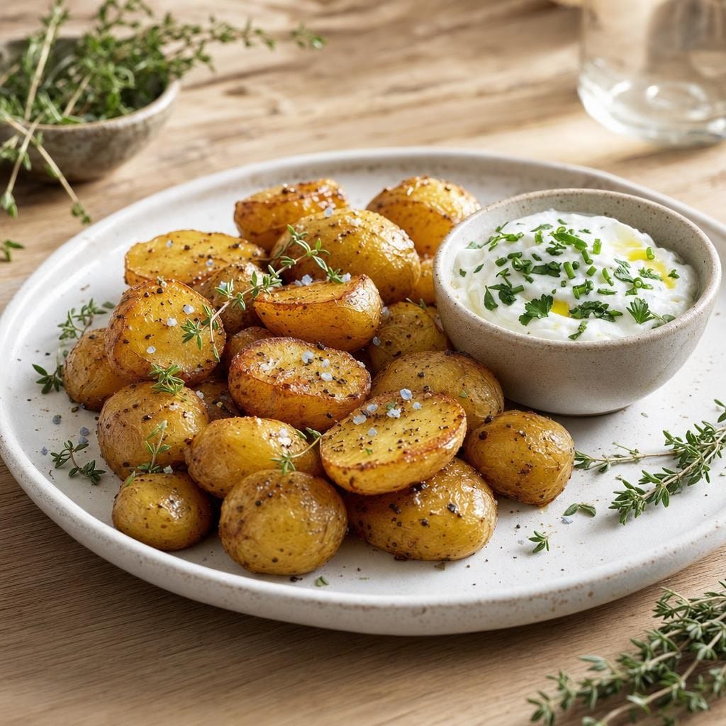 Pommes de terre grenaille rôties au thym et Sel bleu de Perse, yaourt aux herbes avec Sel bleu de Perse