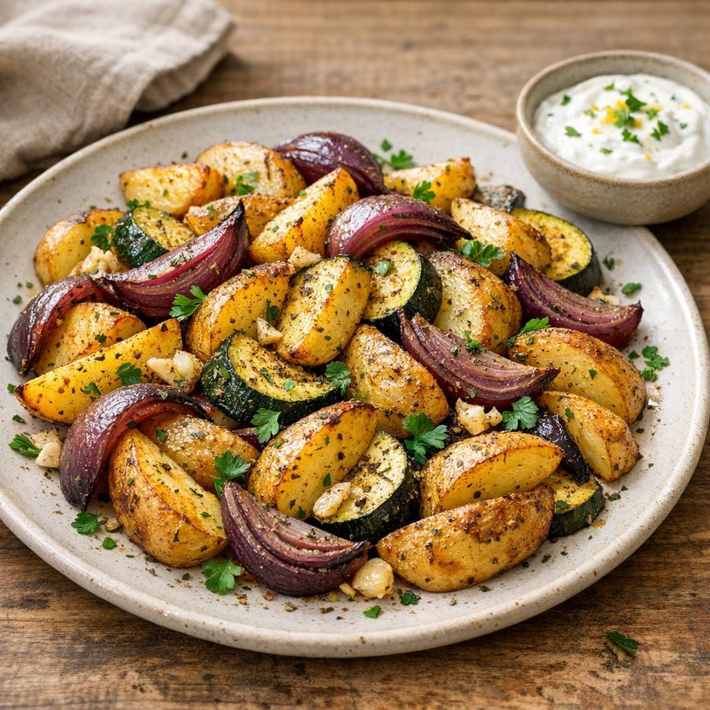 Pommes de terre rôties à la sarriette, courgettes & oignons rouges avec Sarriette séchée
