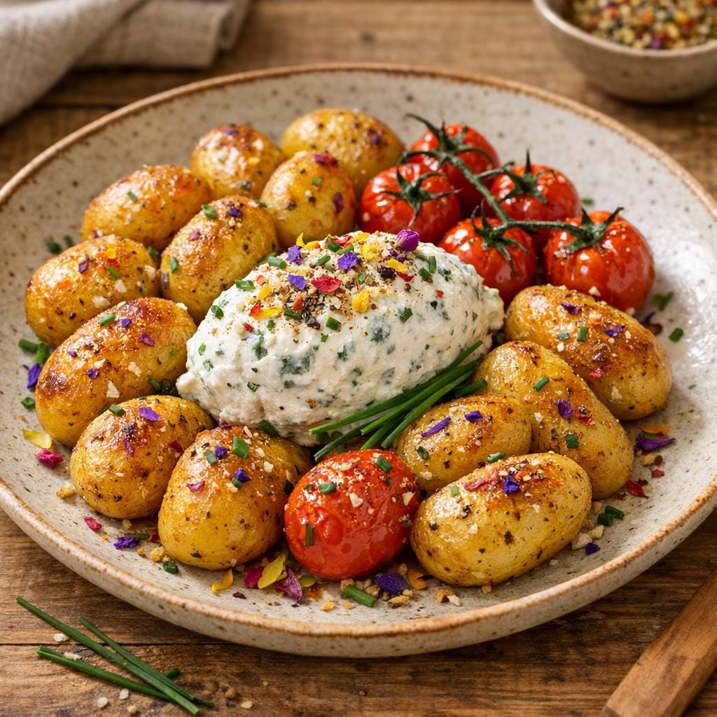 Pommes de terre rôties au fromage frais herbes avec Éclats du Jardin