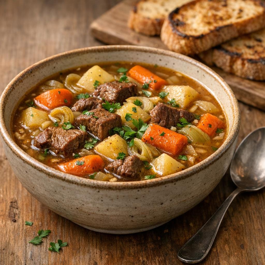 Potage rustique au bouillon de bœuf et légumes mijotés avec Bouillon de boeuf