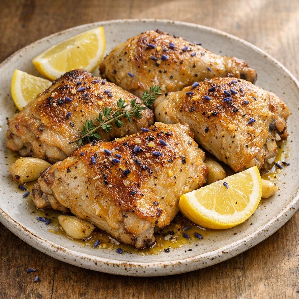 Poulet à la lavande : cuisses rôties citron-ail avec Fleur de Lavande Séchée