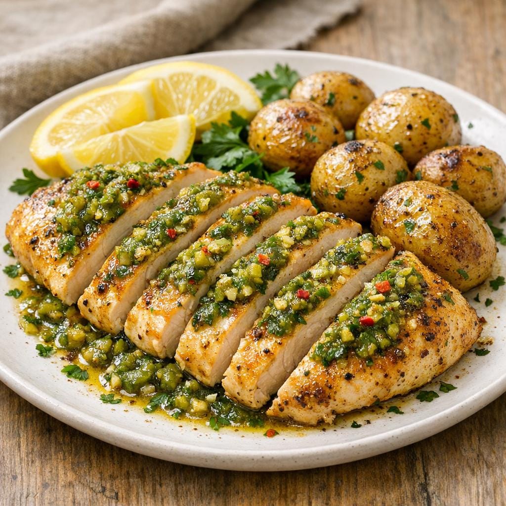 Poulet au poivron vert concassé et citron au four avec Poivron vert concassé