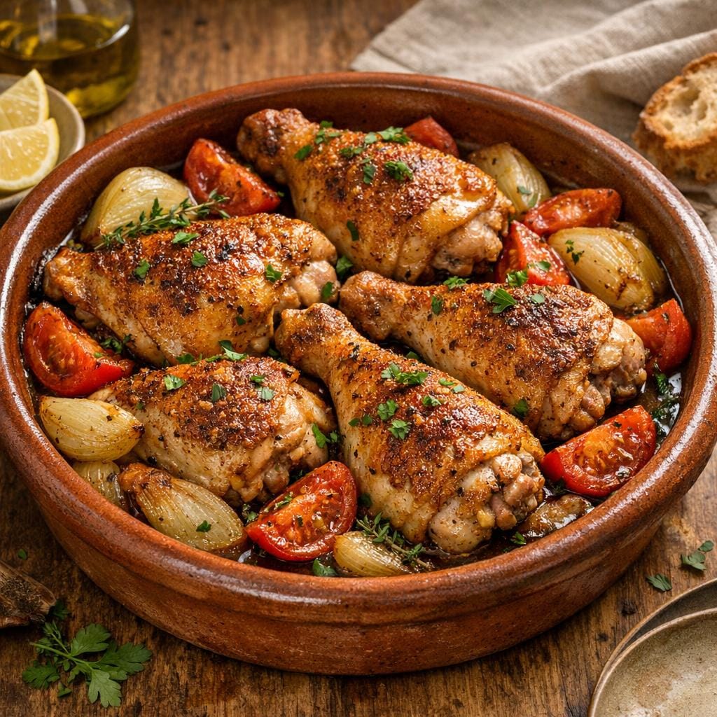 Poulet basque rôti au four, oignons et tomates avec Enrobage Basque