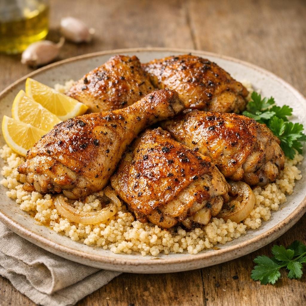 Poulet Braises d'Afrique au four, peau dorée et semoule avec Braises d'Afrique