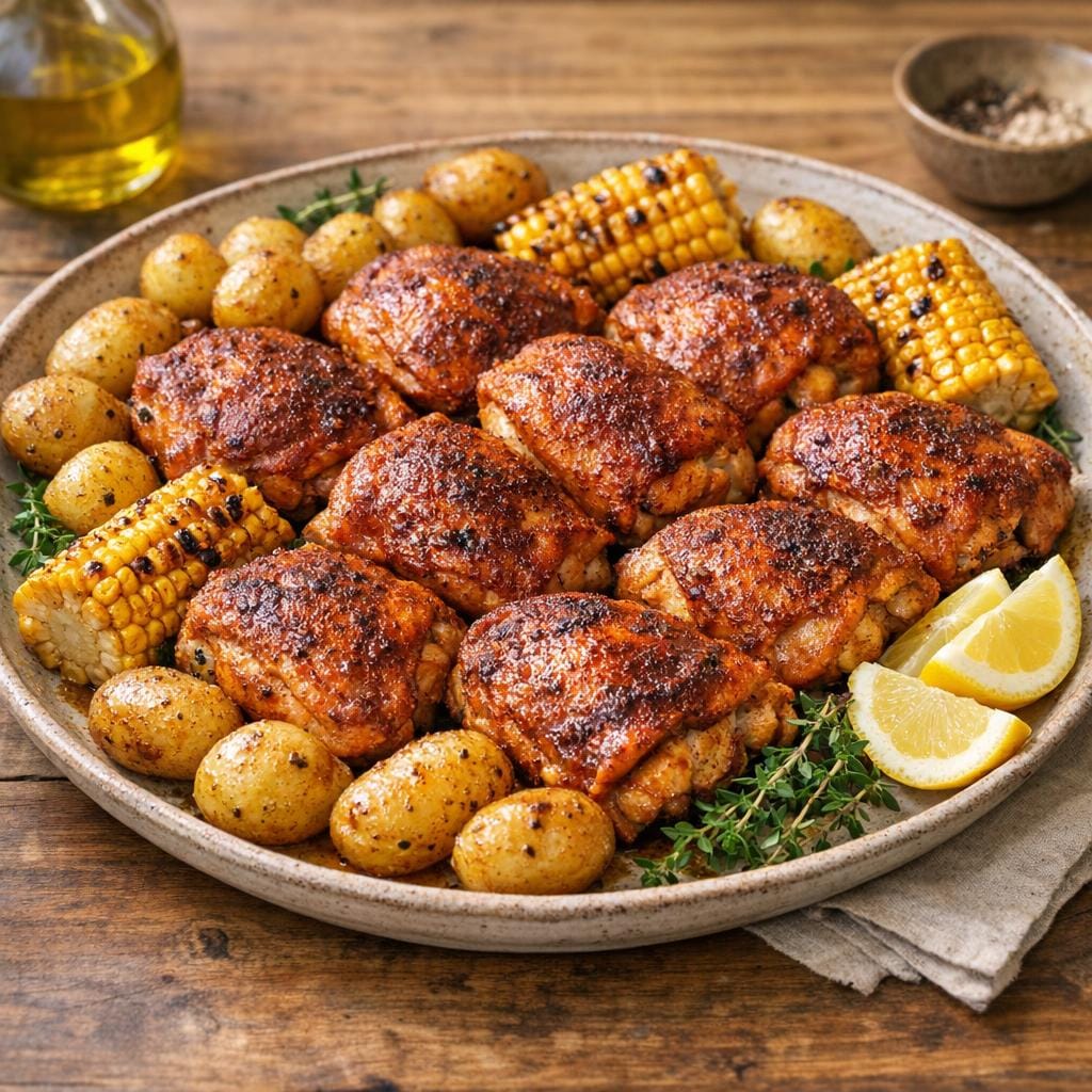 Poulet Cajun Doux rôti, maïs poêlé et grenailles avec Cajun Doux