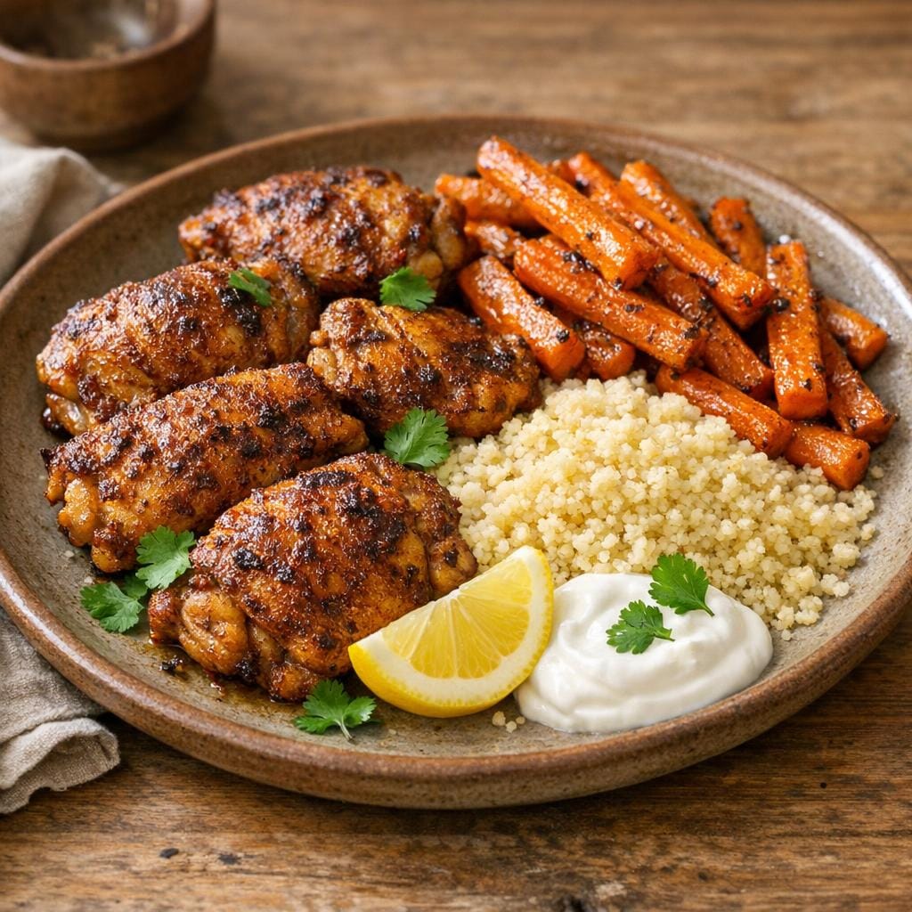 Poulet enrobage Orient aux carottes rôties et semoule avec Enrobage Orient
