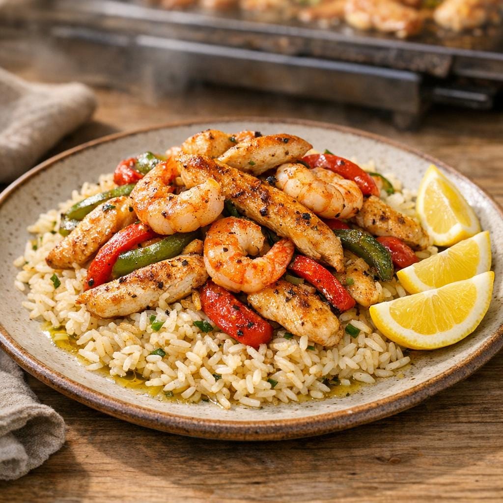 Poulet et crevettes à la plancha basque, riz pilaf avec Assemblage Plancha Basque