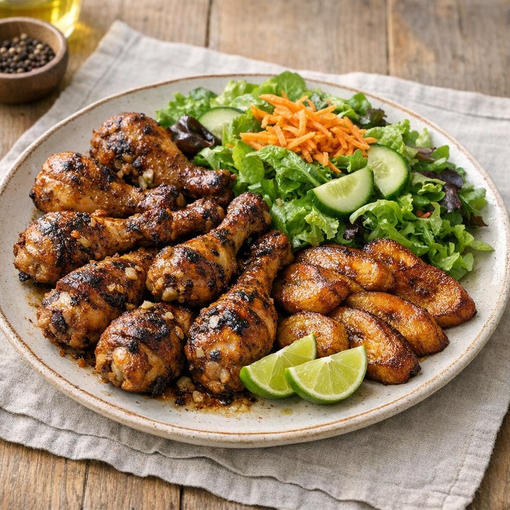 Poulet grillé antillais : pilons marinés et plantain avec Assemblage Grillade à l'antillaise
