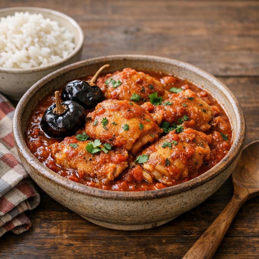 Poulet mijoté à la tomate et piment cascabel avec Piment Cascabel séché