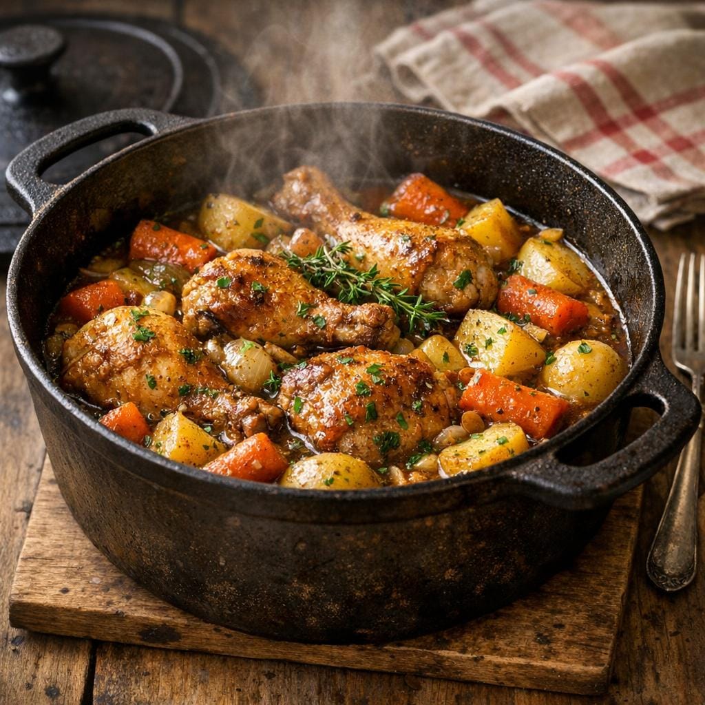 Poulet mijoté au laurier concassé — cocotte familiale avec Feuilles de Laurier Concassées