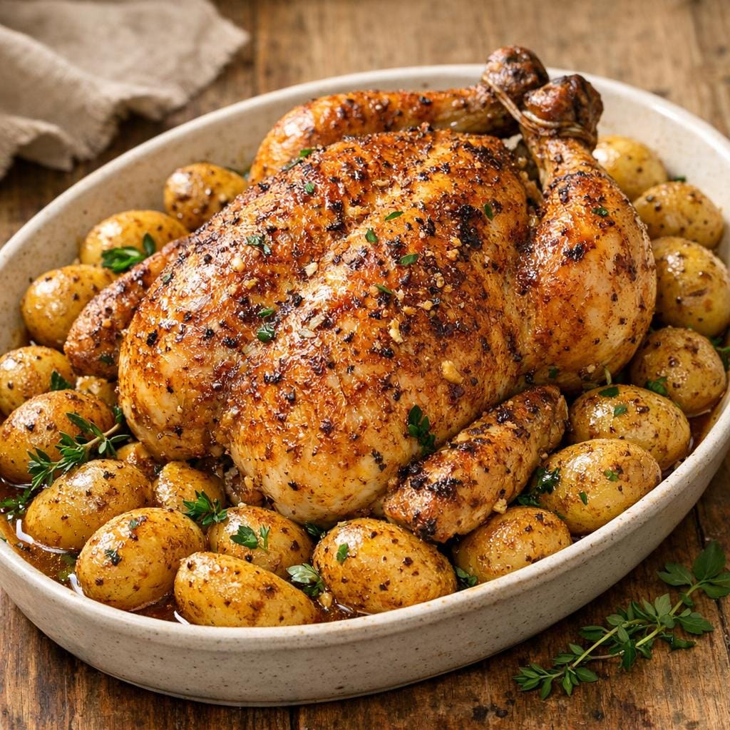 Poulet rôti épicé aux pommes de terre fondantes avec Présentoir couleur - Recette du mois