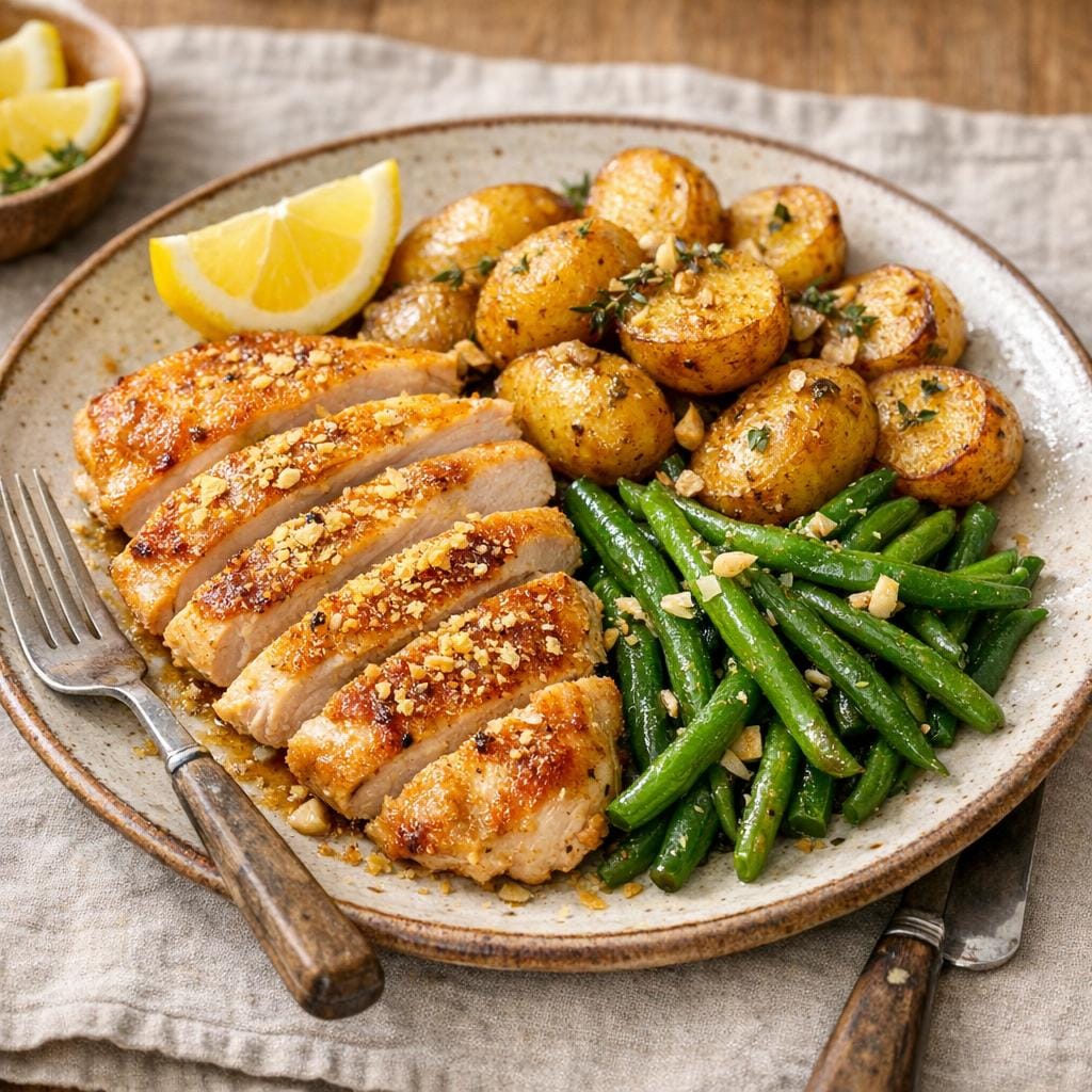 Poulet rôti, pommes de terre sautées et levure maltée en paillette avec Levure maltée en pailette