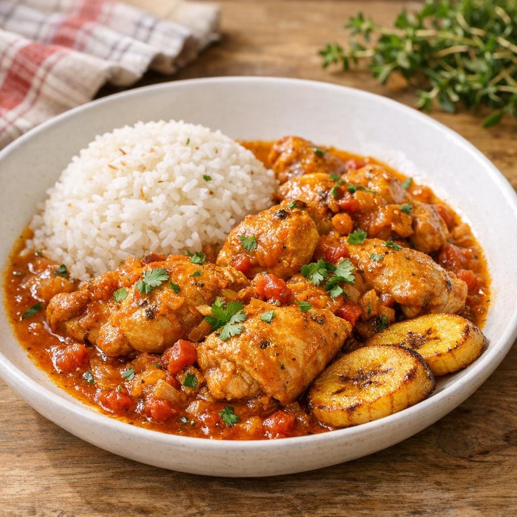 Poulet Vinday Créole mijoté, sauce gourmande et riz avec Vinday Créole