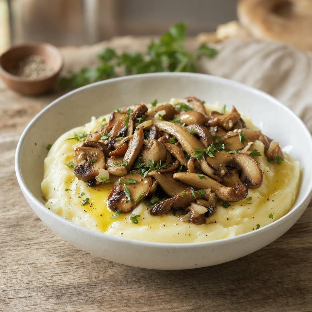 Purée onctueuse au Poivre blanc Muntok, champignons poêlés avec Poivre blanc Muntok