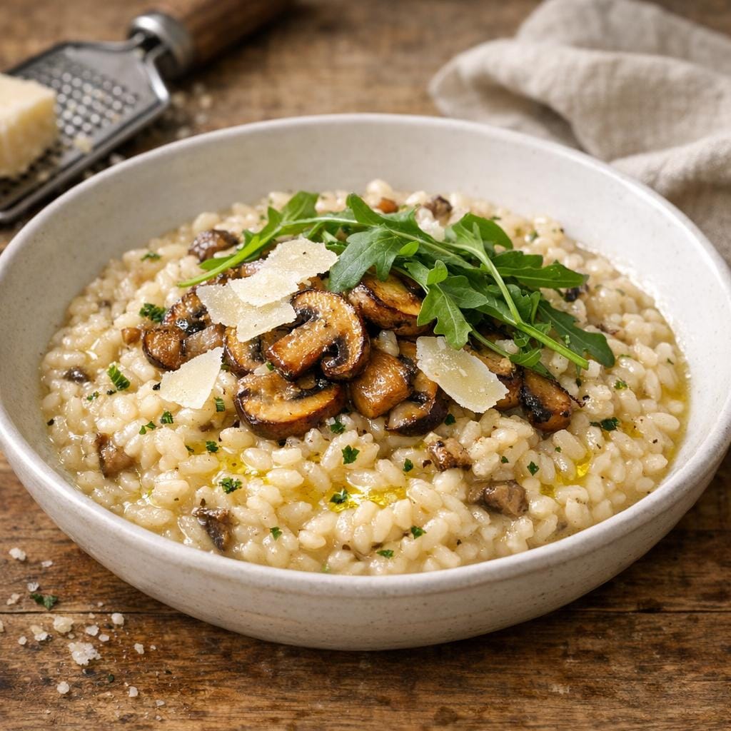 Risotto aux champignons crémeux et huile truffée avec Huile d'olive à la Truffe Noire - 25cl