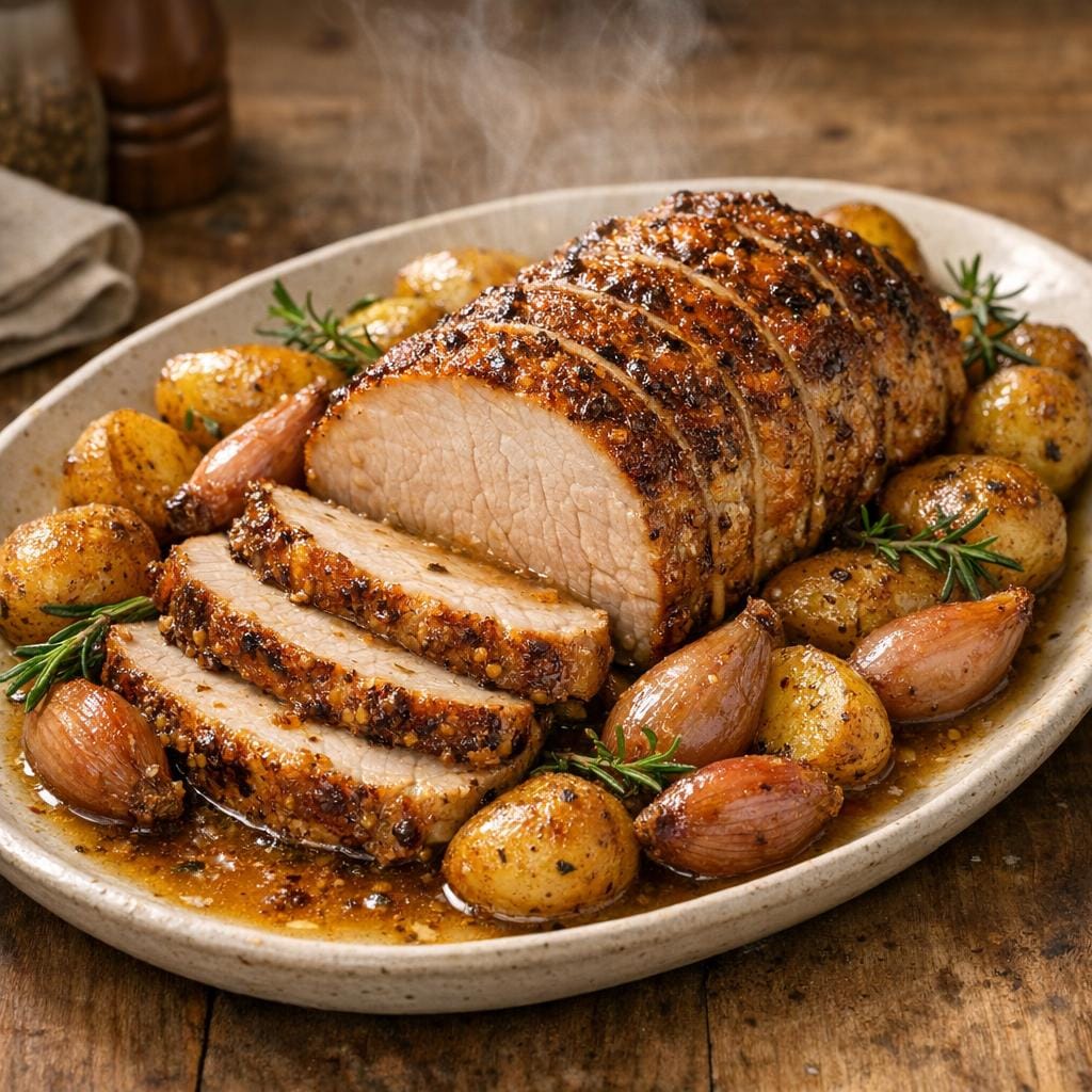 Rôti de porc festif aux Rôtis de Fête et pommes avec Rôtis de Fête
