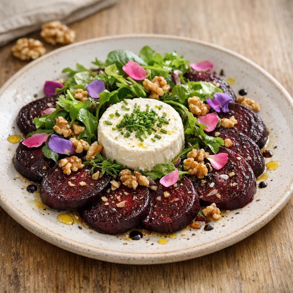 Salade chèvre frais, betterave rôtie et Douceur Florale avec Douceur Florale - Fleurs comestibles