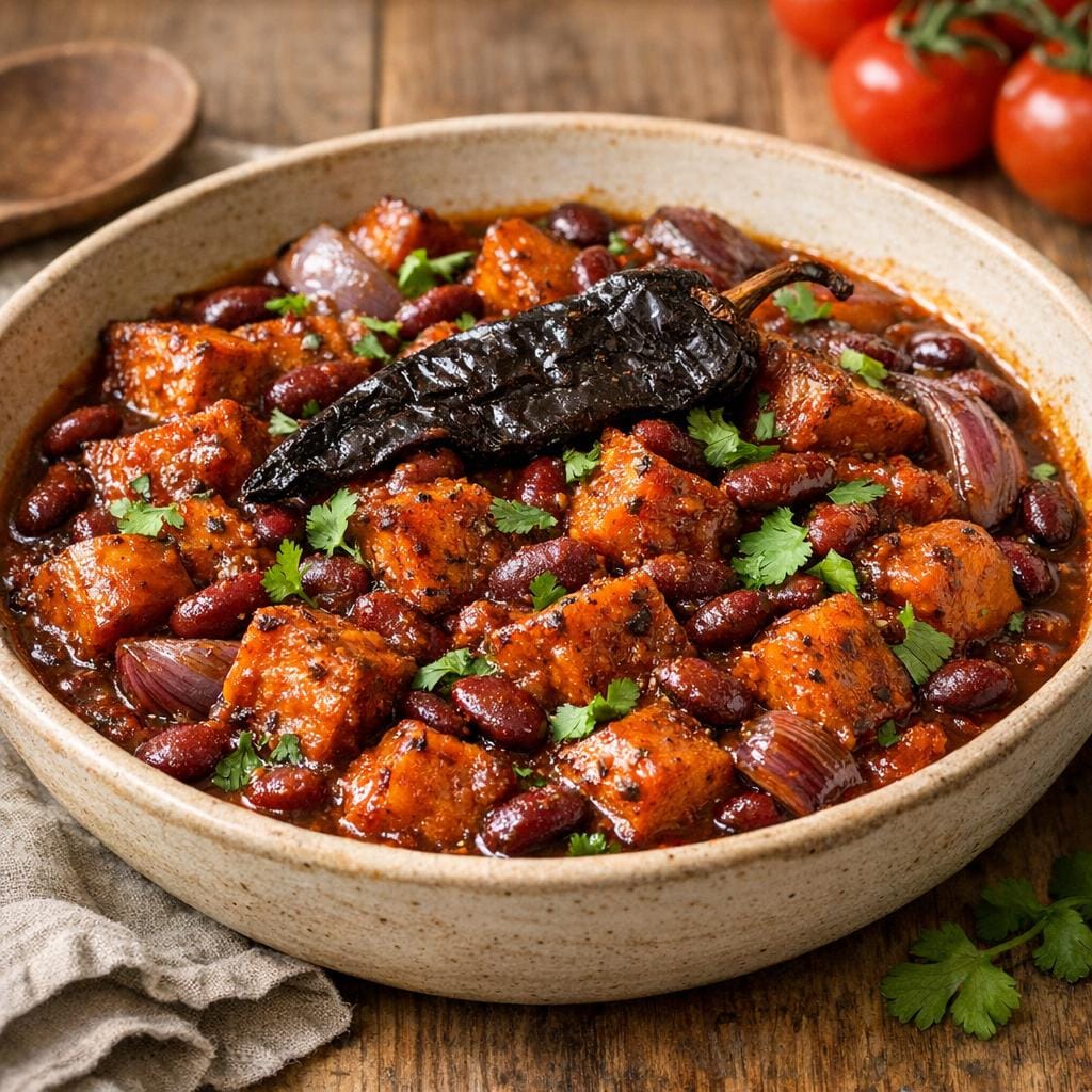 Sauce mulato à la tomate, haricots rouges et patates douces rôties avec Piment Mulato séché entier