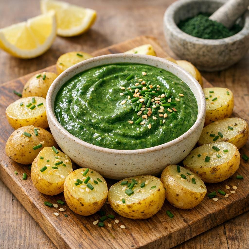 Sauce verte à la spiruline pour pommes tièdes avec Splendide Spiruline Crue Déshydratée 100g