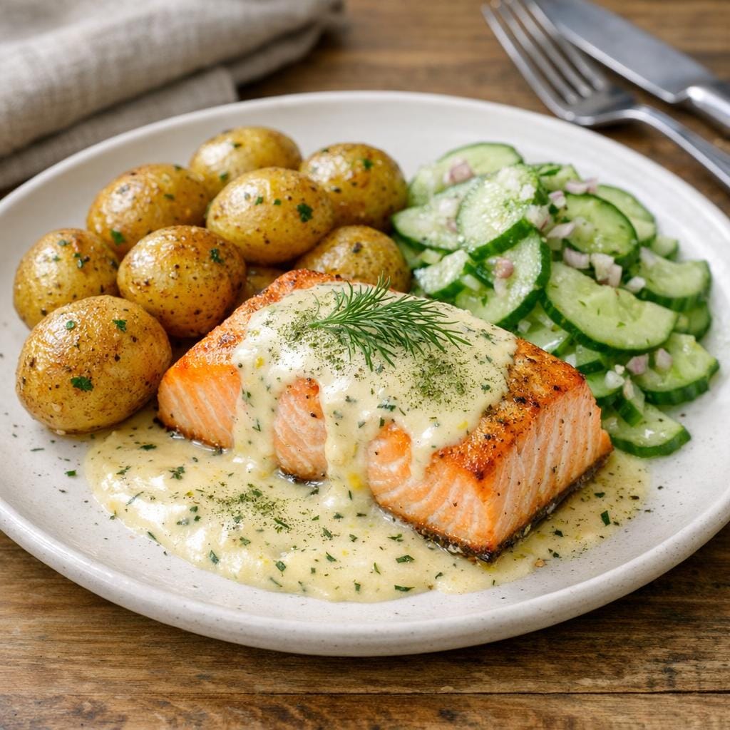 Saumon au four, crème citron et aneth en poudre avec Aneth en poudre